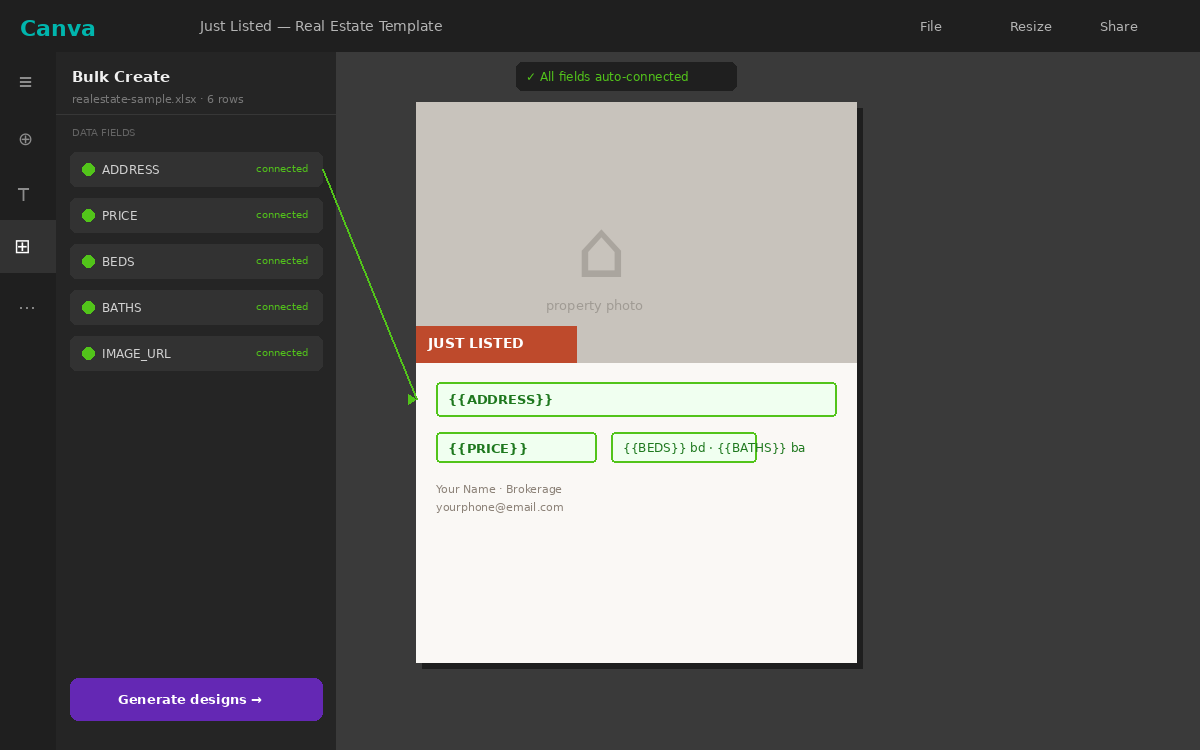 Canva Bulk Create panel showing all listing fields connected to the template, ready to generate