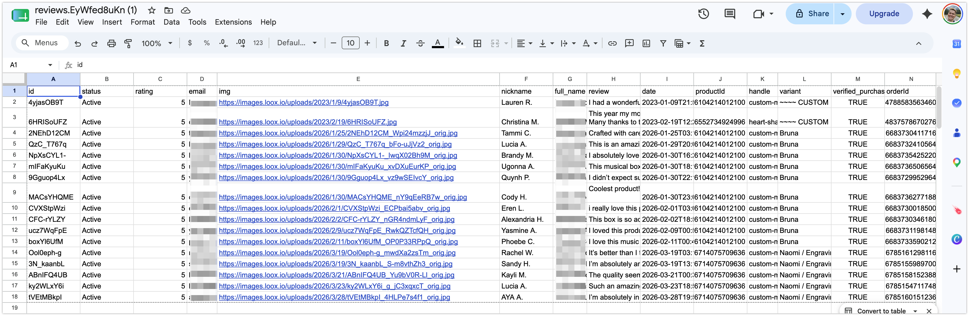 Google Sheet with image URL column visible