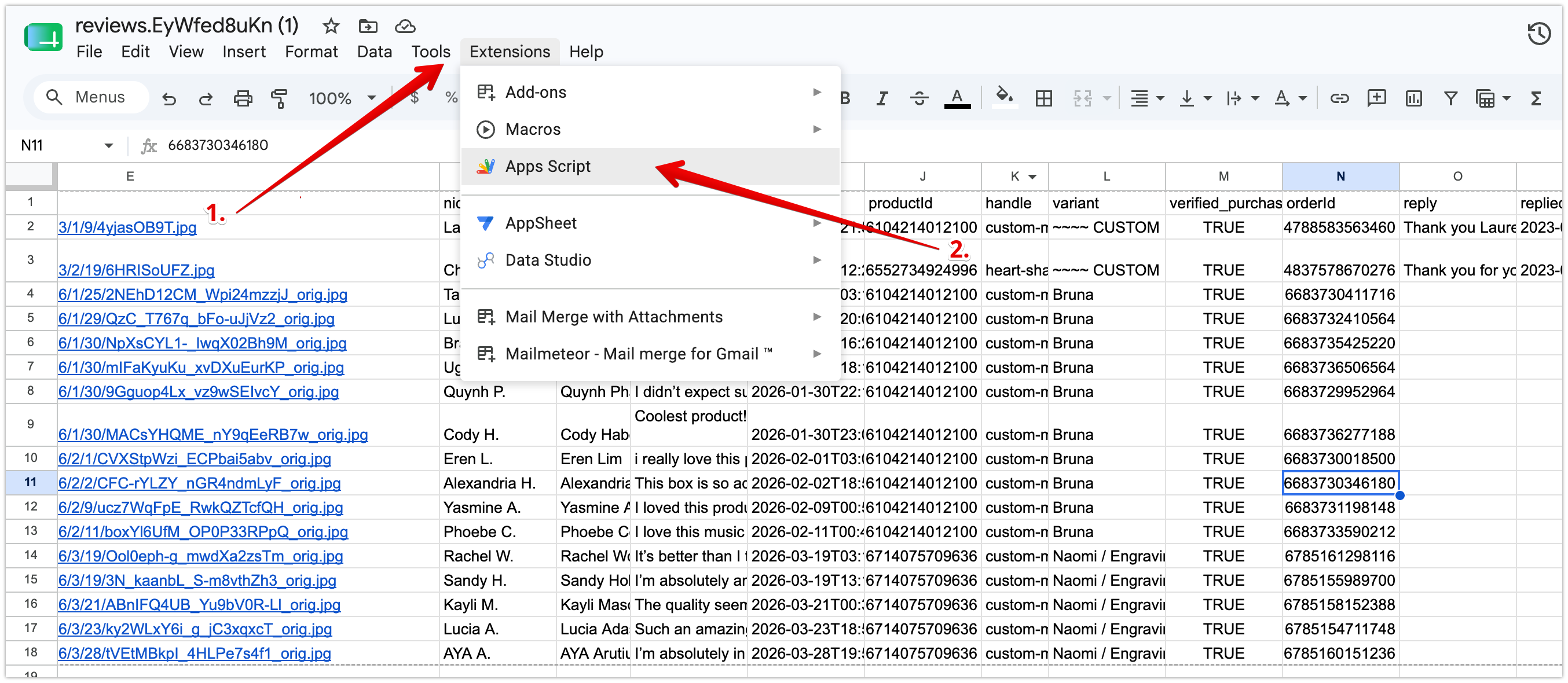 Extensions menu open with Apps Script highlighted