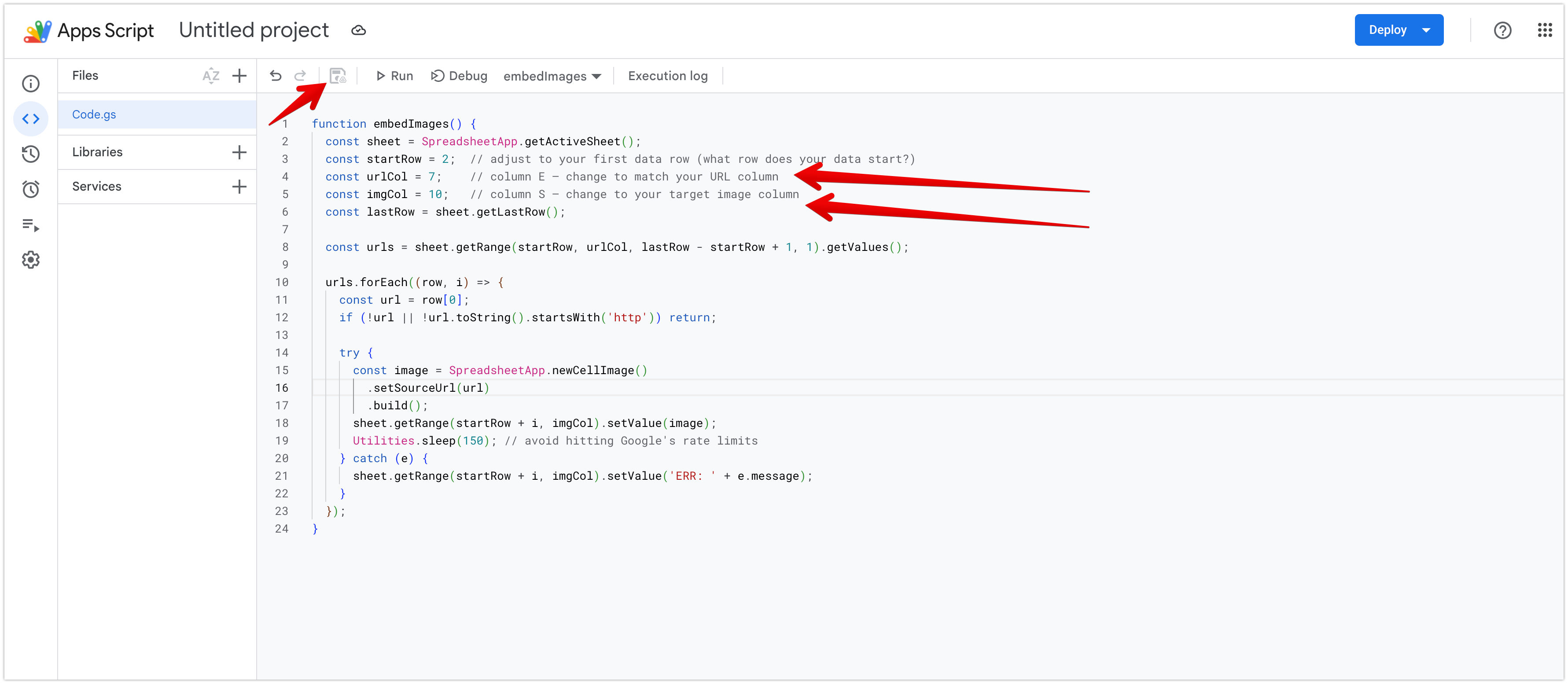 Apps Script editor with the embedImages script pasted in