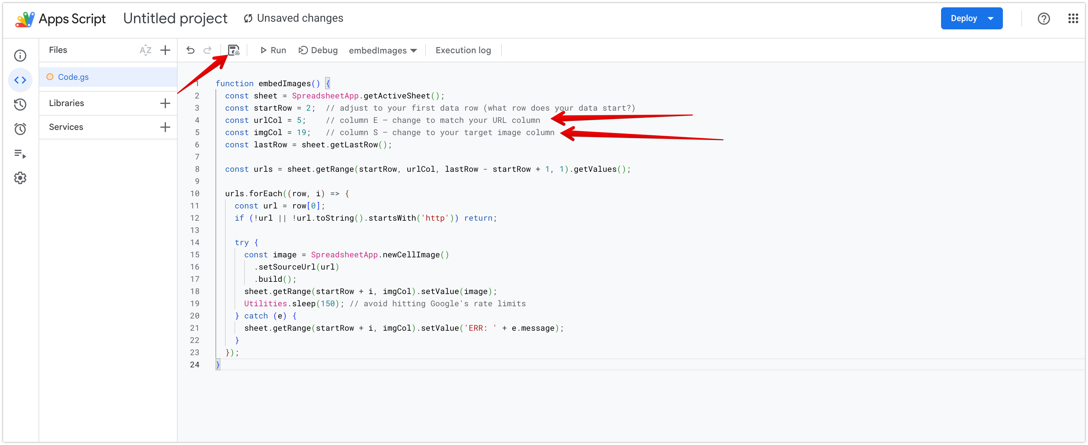 Apps Script editor with arrows pointing to urlCol and imgCol lines