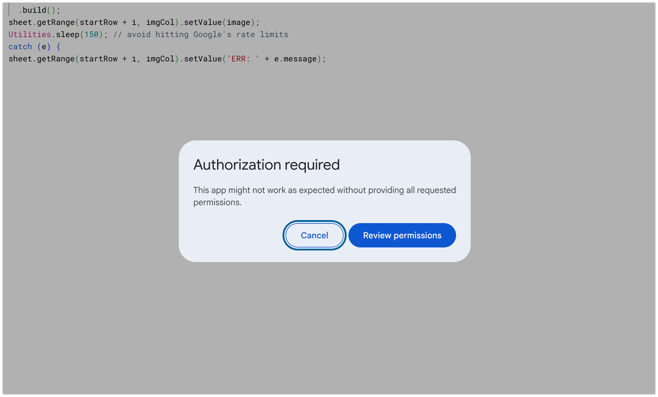 Authorization required dialog with Review permissions button