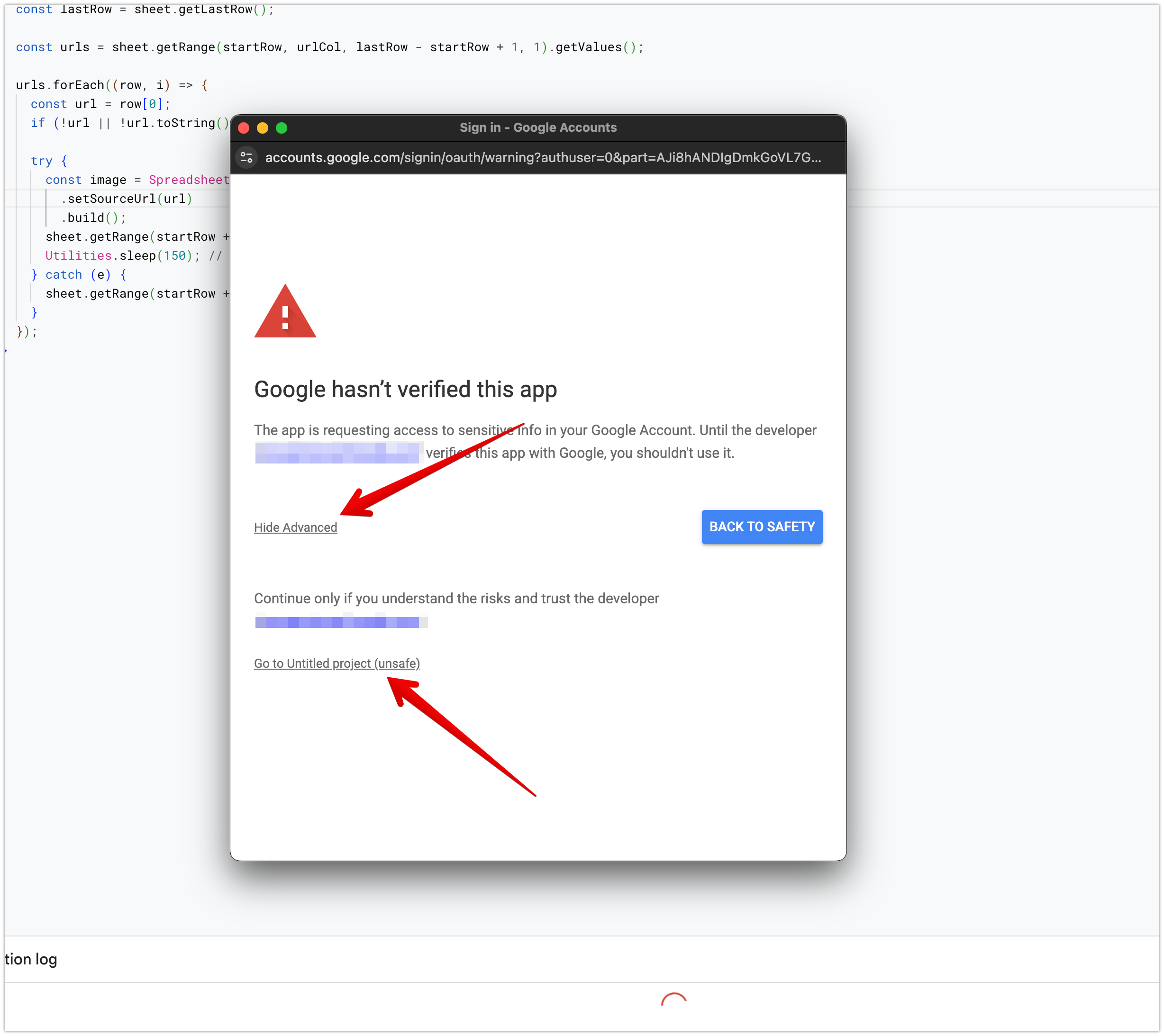 Google unverified app warning showing Advanced and Go to unsafe link