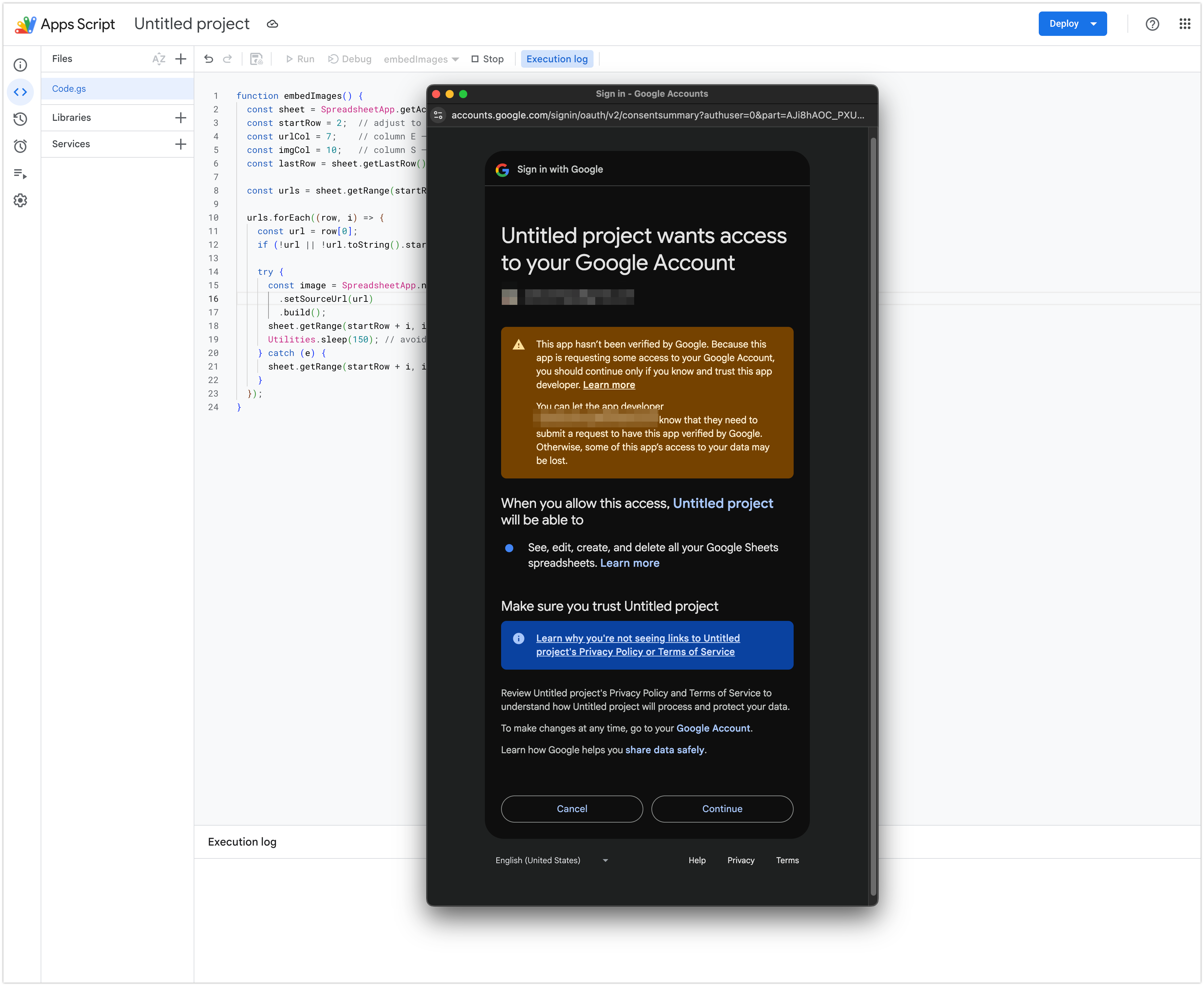 Google permissions consent screen with Continue button