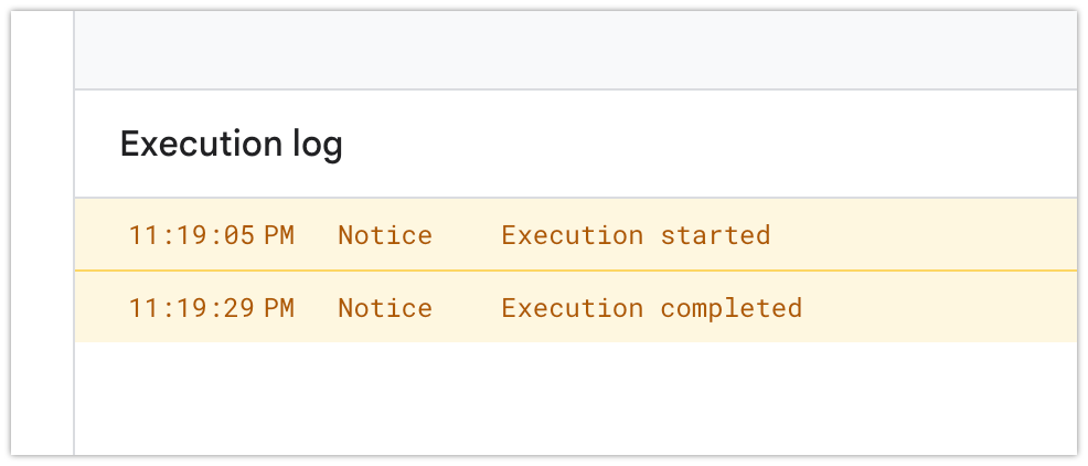 Execution log showing Execution started and Execution completed