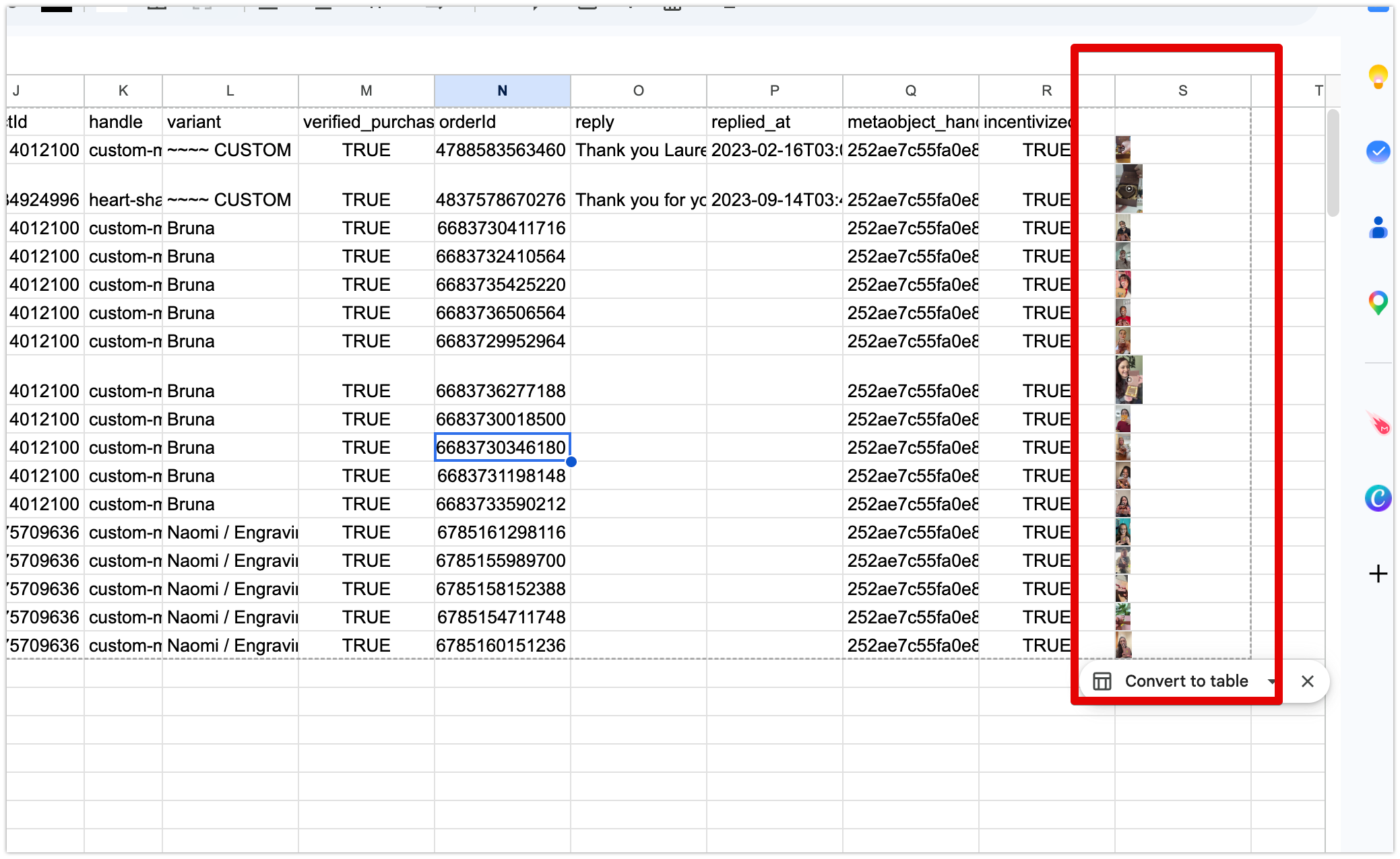 Google Sheet with embedded images visible in column S